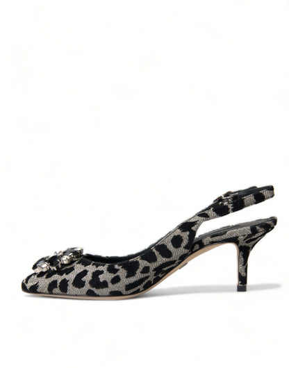 Dolce &amp; Gabbana silberne Slingback-Pumps mit Leopardenmuster und Kristallen