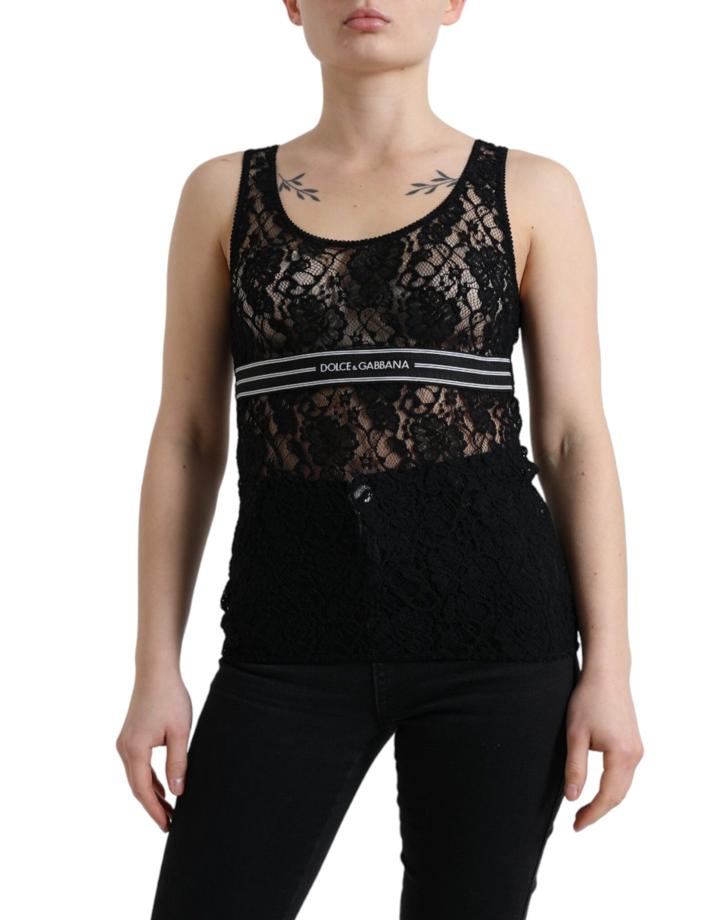 Dolce &amp; Gabbana – Schwarzes, ärmelloses Tanktop mit Logo-Streifen und Spitze