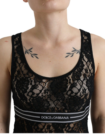 Dolce &amp; Gabbana – Schwarzes, ärmelloses Tanktop mit Logo-Streifen und Spitze