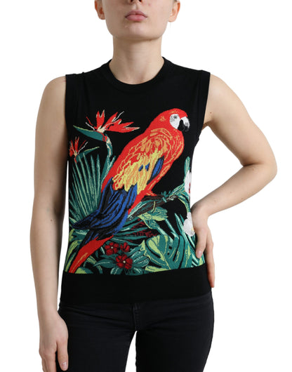 Dolce &amp; Gabbana – Schwarzes, ärmelloses Tank-T-Shirt aus Wollstrick mit Vogelmuster