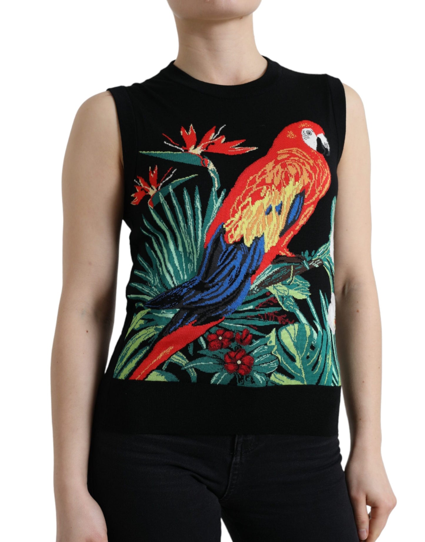 Dolce &amp; Gabbana – Schwarzes, ärmelloses Tank-T-Shirt aus Wollstrick mit Vogelmuster