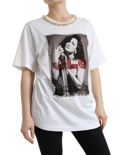 Dolce &amp; Gabbana Weißes T-Shirt mit Kristallausschnitt-Print