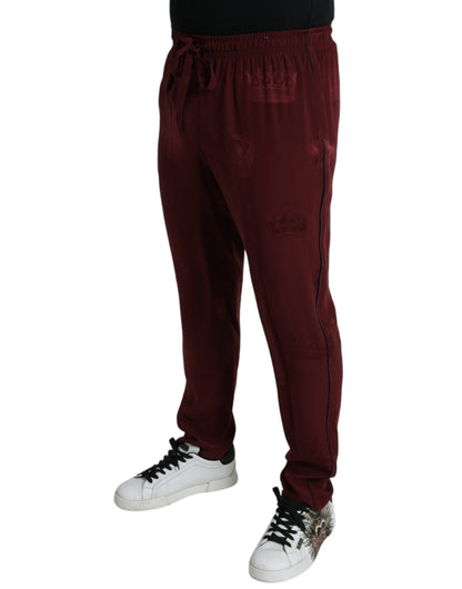 Dolce & Gabbana Elegant Maroon Silk Pajama Pants with Crown Motif