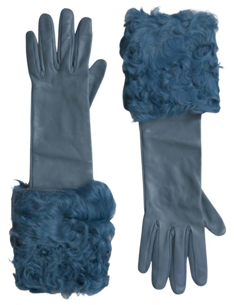 Dolce & Gabbana Elegant Blue Leather Gloves with Fur Trim