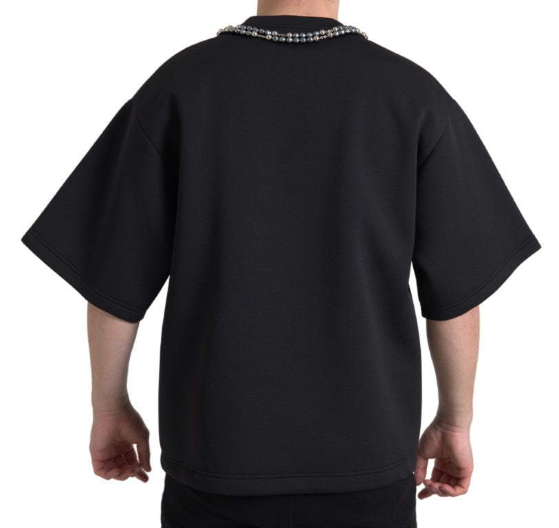 Dolce &amp; Gabbana Schwarzes Polyester-T-Shirt mit Halskettenverzierung