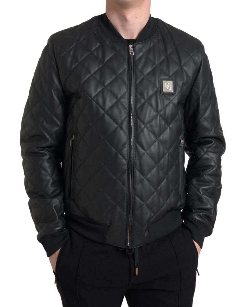 Dolce &amp; Gabbana Schwarze Leder-Steppjacke mit durchgehendem Reißverschluss