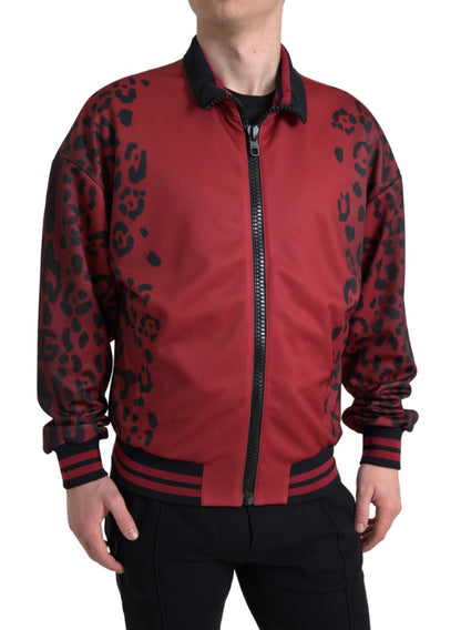 Dolce &amp; Gabbana Rote Leoparden-Polyester-Bomberjacke mit durchgehendem Reißverschluss