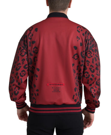 Dolce &amp; Gabbana Rote Leoparden-Polyester-Bomberjacke mit durchgehendem Reißverschluss