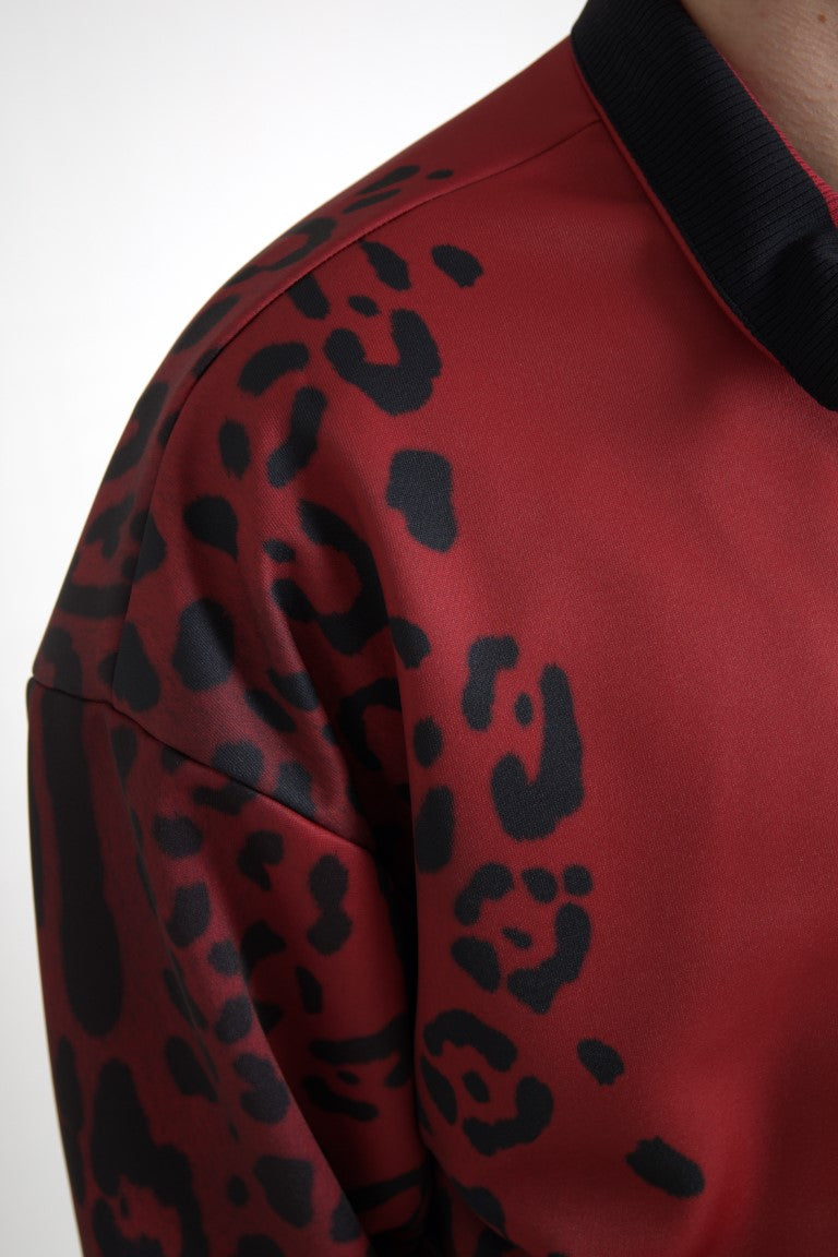 Dolce &amp; Gabbana Rote Leoparden-Polyester-Bomberjacke mit durchgehendem Reißverschluss