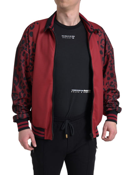 Dolce &amp; Gabbana Rote Leoparden-Polyester-Bomberjacke mit durchgehendem Reißverschluss