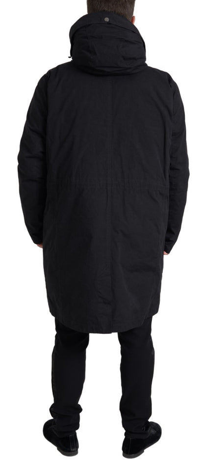 Dolce &amp; Gabbana Schwarze Parka-Trenchcoat-Jacke aus Baumwolle mit Kapuze