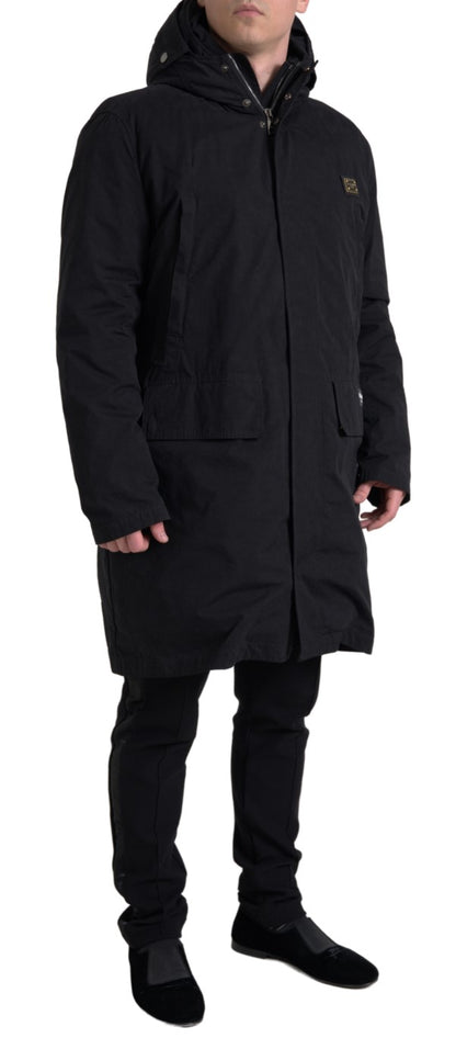 Dolce &amp; Gabbana Schwarze Parka-Trenchcoat-Jacke aus Baumwolle mit Kapuze