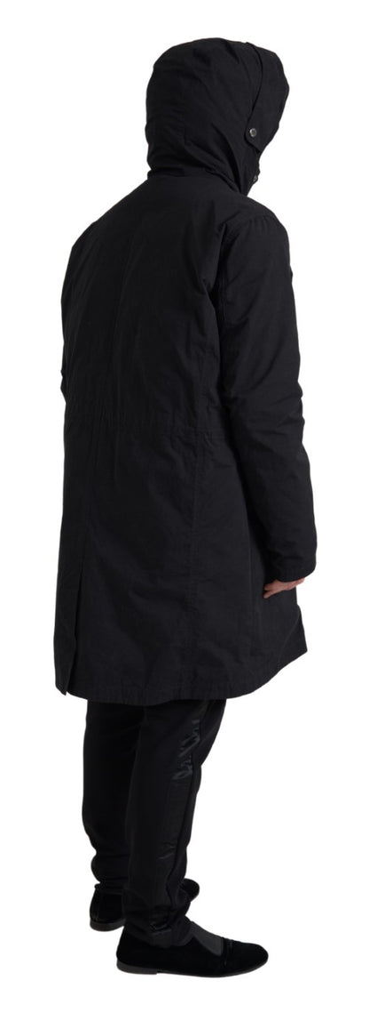 Dolce &amp; Gabbana Schwarze Parka-Trenchcoat-Jacke aus Baumwolle mit Kapuze