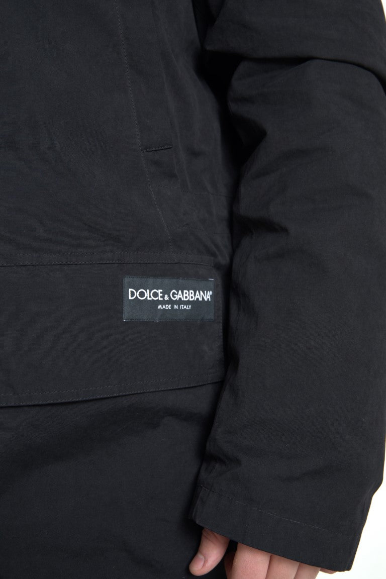 Dolce &amp; Gabbana Schwarze Parka-Trenchcoat-Jacke aus Baumwolle mit Kapuze