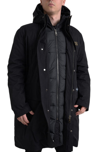 Dolce &amp; Gabbana Schwarze Parka-Trenchcoat-Jacke aus Baumwolle mit Kapuze