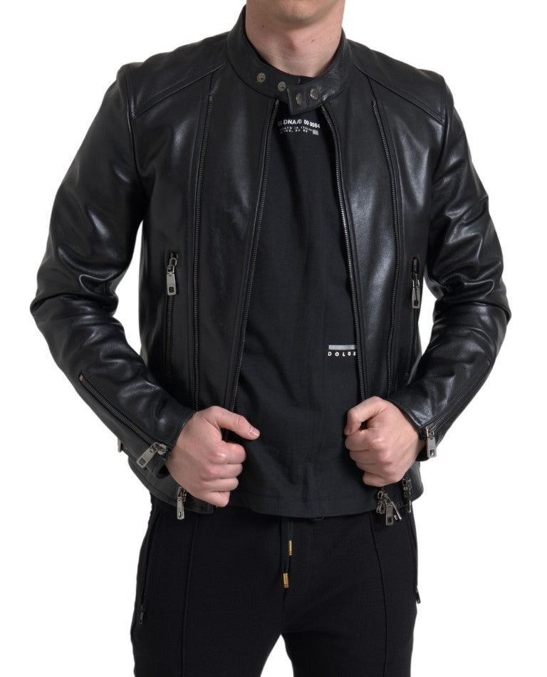 Dolce &amp; Gabbana Herrenjacke aus schwarzem Leder mit Reißverschluss