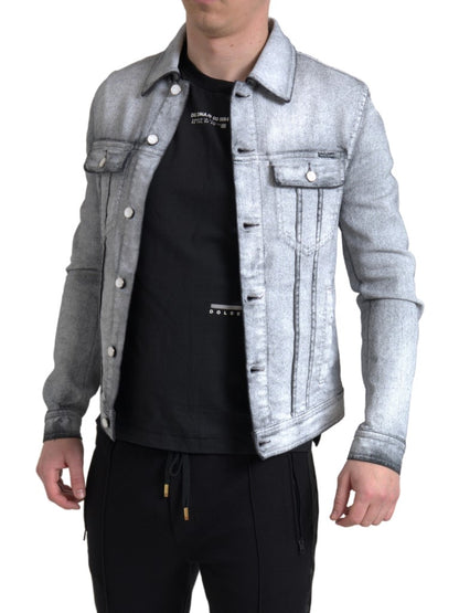 Dolce &amp; Gabbana Grau gewaschene Baumwoll-Stretch-Denim-Herrenjacke