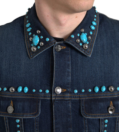 Dolce &amp; Gabbana Blue Denim Türkis Stones Nietenjacke