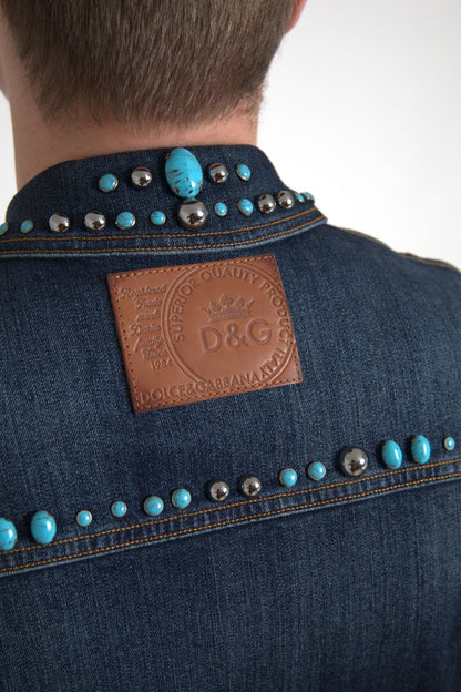 Dolce &amp; Gabbana Blue Denim Türkis Stones Nietenjacke