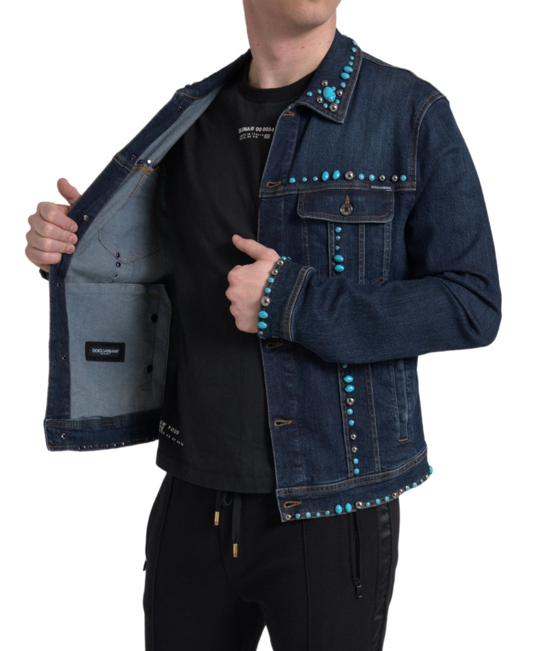 Dolce &amp; Gabbana Blue Denim Türkis Stones Nietenjacke