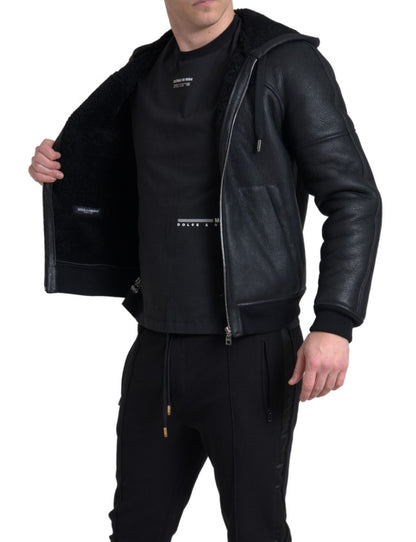 Dolce &amp; Gabbana Herrenjacke aus schwarzem Leder mit durchgehendem Reißverschluss und Kapuze