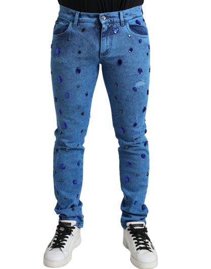 Blaue, mit Kristallen verzierte Skinny-Denim-Jeans von Dolce &amp; Gabbana