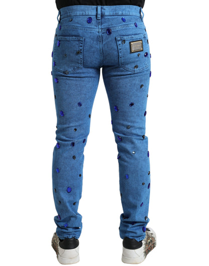 Blaue, mit Kristallen verzierte Skinny-Denim-Jeans von Dolce &amp; Gabbana