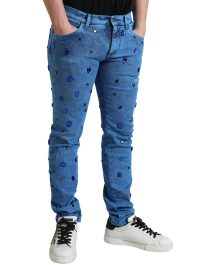 Blaue, mit Kristallen verzierte Skinny-Denim-Jeans von Dolce &amp; Gabbana