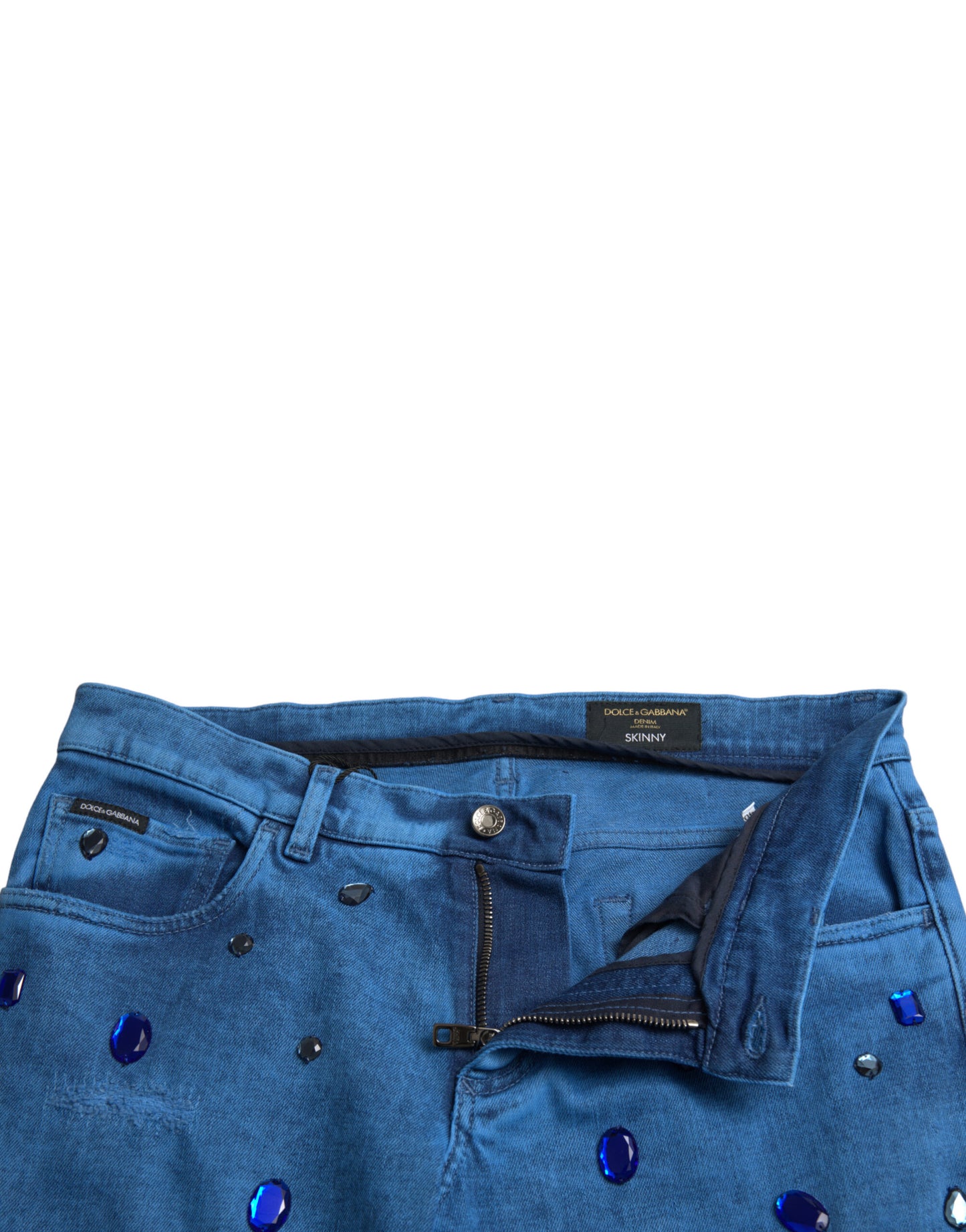 Blaue, mit Kristallen verzierte Skinny-Denim-Jeans von Dolce &amp; Gabbana