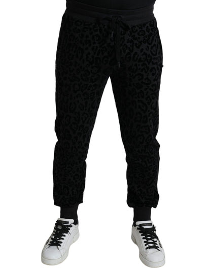 Dolce &amp; Gabbana Schwarze Slim-Fit-Jogginghose aus Baumwolle mit Leopardenmuster