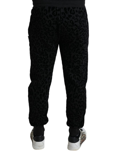 Dolce &amp; Gabbana Schwarze Slim-Fit-Jogginghose aus Baumwolle mit Leopardenmuster