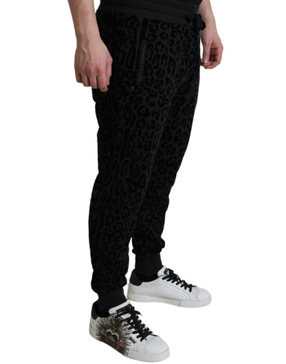 Dolce &amp; Gabbana Schwarze Slim-Fit-Jogginghose aus Baumwolle mit Leopardenmuster