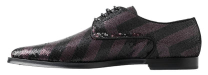 Dolce &amp; Gabbana Schwarze Bordeaux-Pailletten-Chevron-Herren-Derby-Schuhe