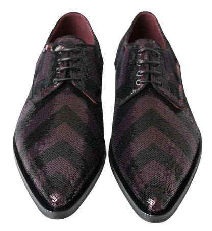 Dolce &amp; Gabbana Schwarze Bordeaux-Pailletten-Chevron-Herren-Derby-Schuhe