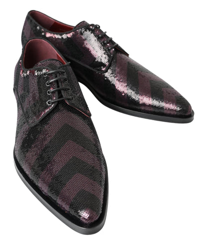 Dolce &amp; Gabbana Schwarze Bordeaux-Pailletten-Chevron-Herren-Derby-Schuhe