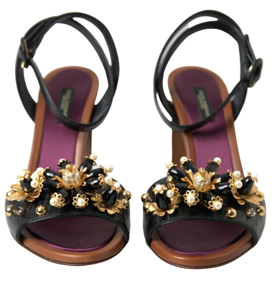 Dolce &amp; Gabbana Schwarze Sandalen mit Eidechsenprägung und Blumenperlen