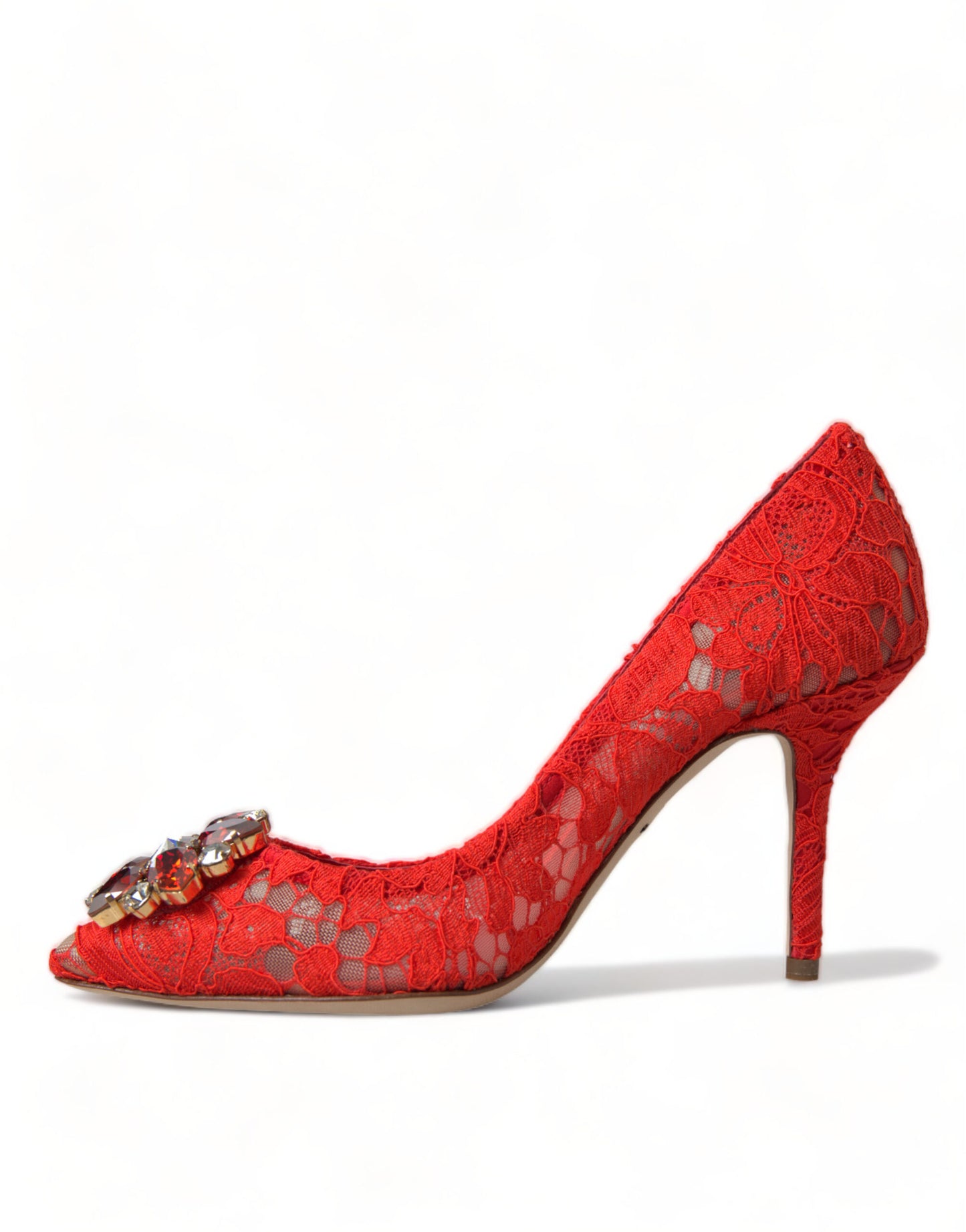 Dolce & Gabbana Exquisite Crystal-Embellished Red Lace Heels