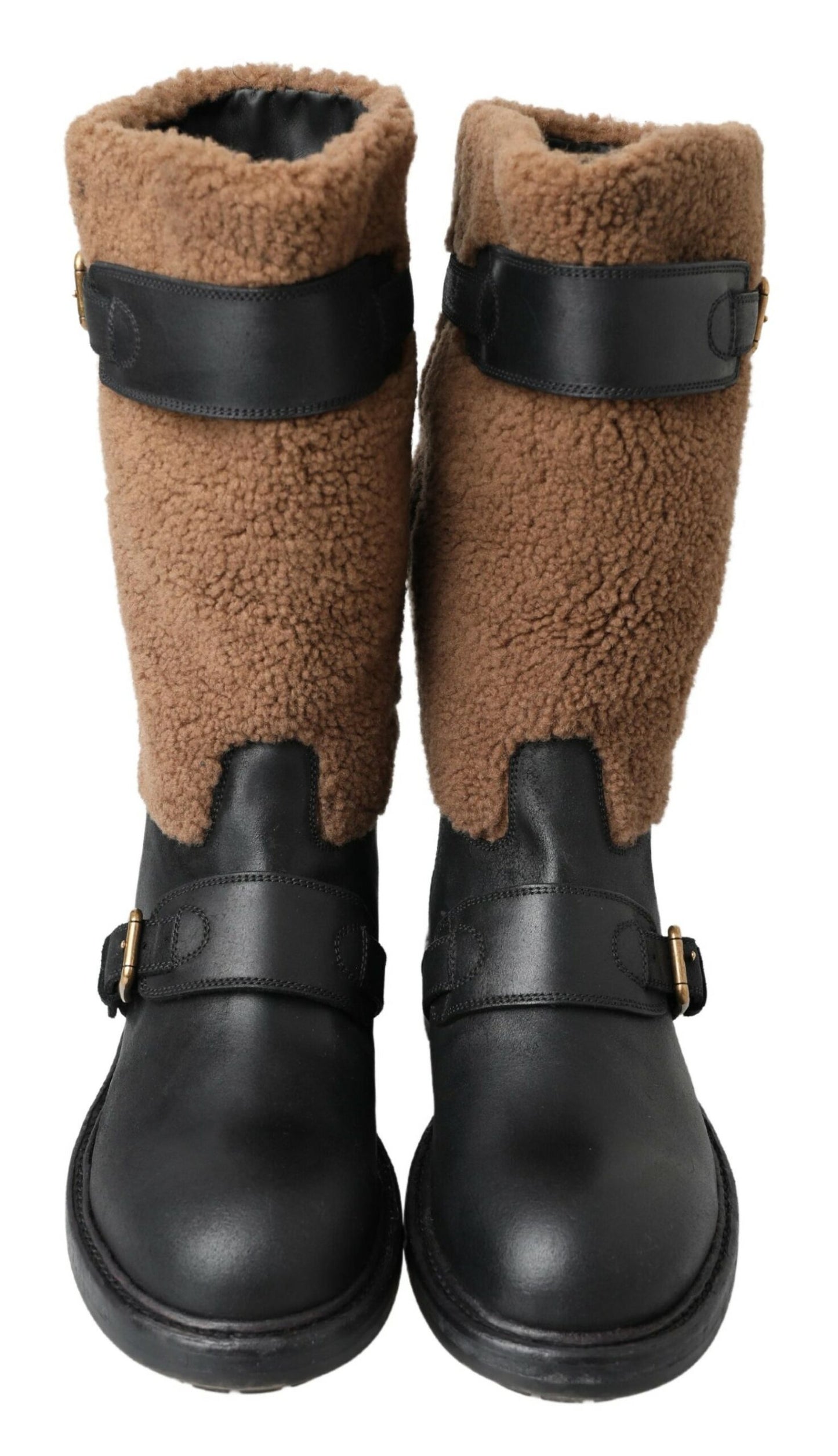 Dolce &amp; Gabbana Schwarze Lederstiefel aus braunem Lammfell