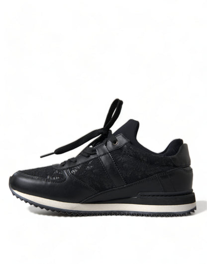 Dolce &amp; Gabbana Schwarze Leder-Sneakers mit floraler Spitze