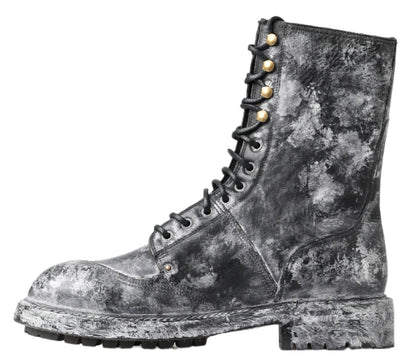 Dolce &amp; Gabbana Schwarz-Graue Lederstiefel mit mittlerer Wade