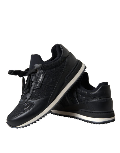 Dolce &amp; Gabbana Schwarze Leder-Sneakers mit floraler Spitze