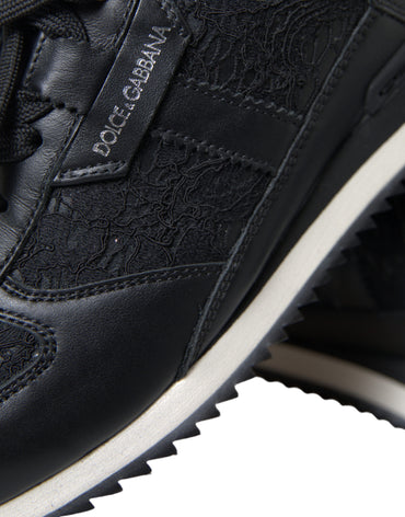 Dolce &amp; Gabbana Schwarze Leder-Sneakers mit floraler Spitze