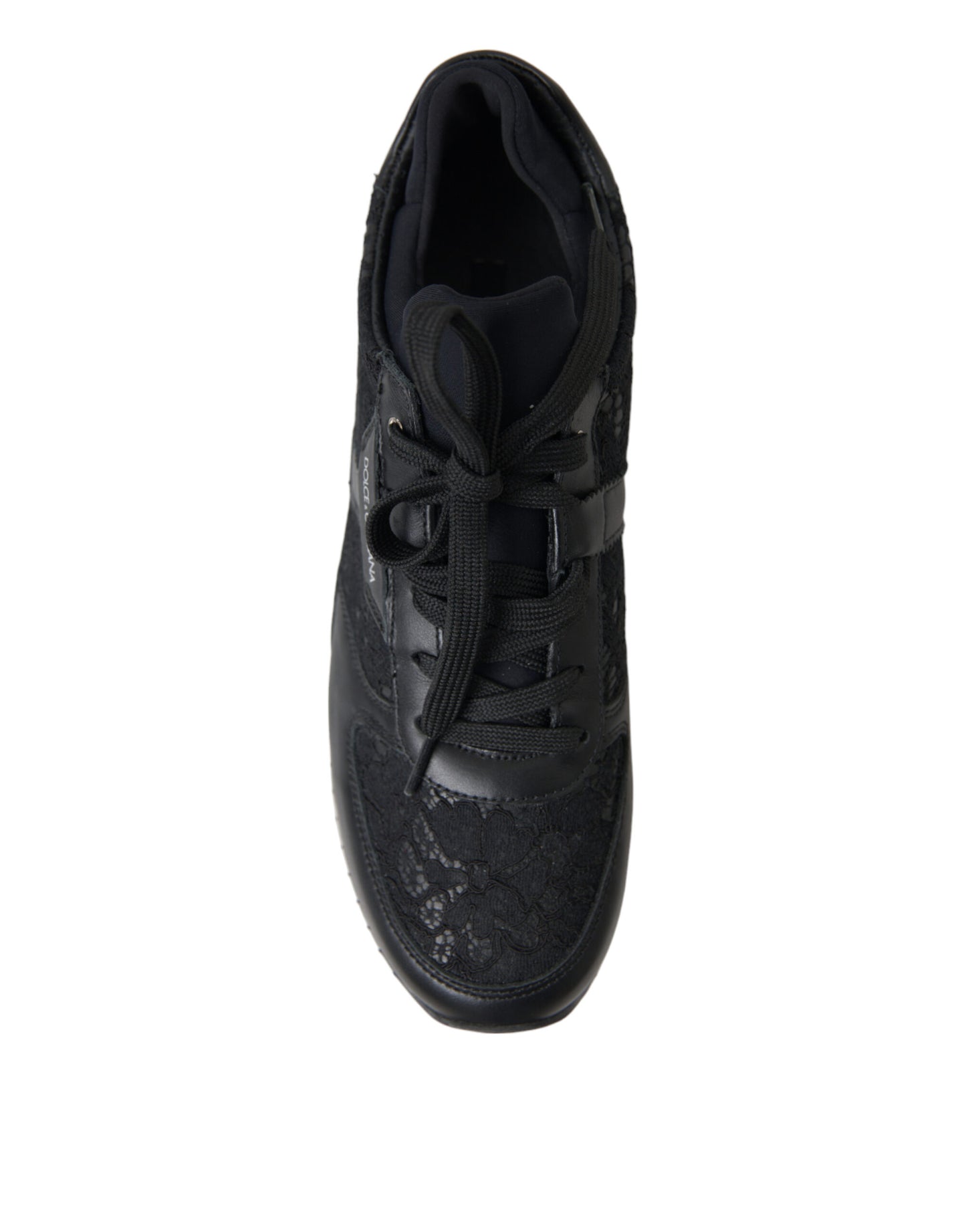 Dolce &amp; Gabbana Schwarze Leder-Sneakers mit floraler Spitze