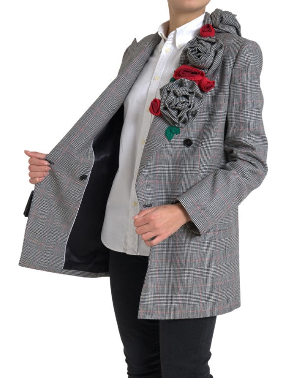 Dolce &amp; Gabbana Grau karierte Mantel-Blazer-Jacke mit Rosenapplikation