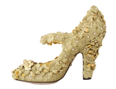 Dolce &amp; Gabbana Goldfarbene Mary Janes-Pumps mit Blumenmuster und Kristallen