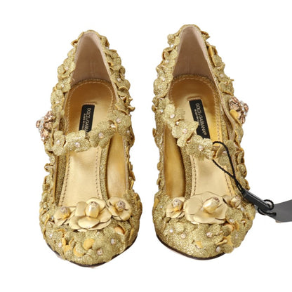 Dolce &amp; Gabbana Goldfarbene Mary Janes-Pumps mit Blumenmuster und Kristallen