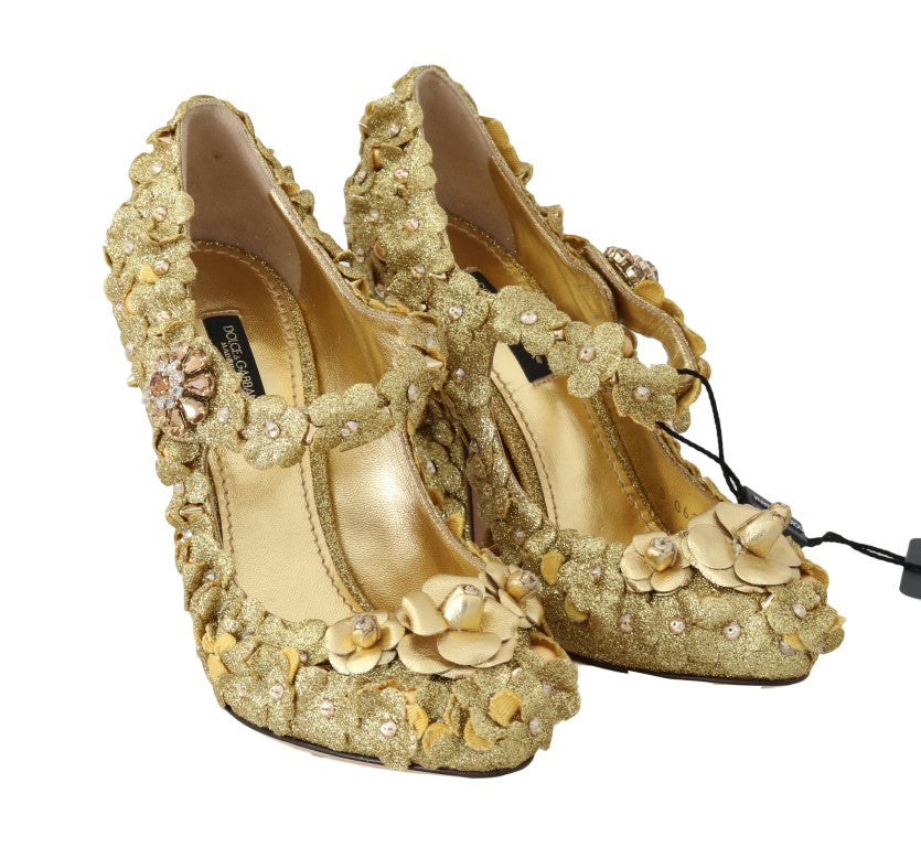 Dolce &amp; Gabbana Goldfarbene Mary Janes-Pumps mit Blumenmuster und Kristallen