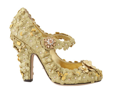 Dolce &amp; Gabbana Goldfarbene Mary Janes-Pumps mit Blumenmuster und Kristallen