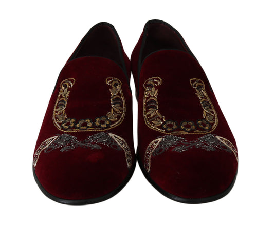 Dolce &amp; Gabbana Bordeaux Velvet Loafers Gun Horseshoe Shoes