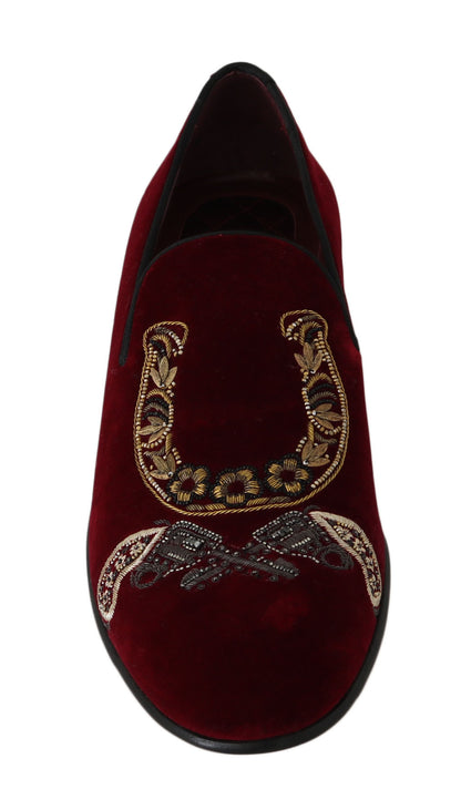 Dolce &amp; Gabbana Bordeaux Velvet Loafers Gun Horseshoe Shoes